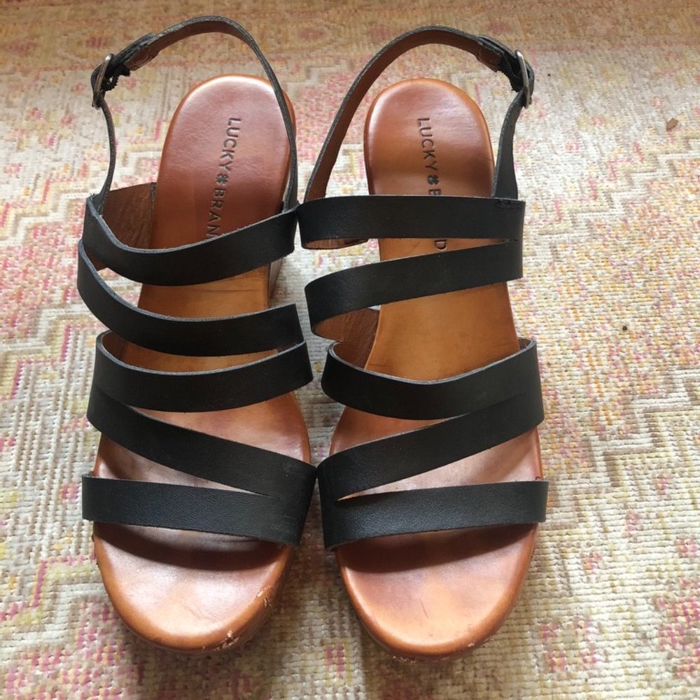 Lucky Brand Black Strappy Wedge Heels